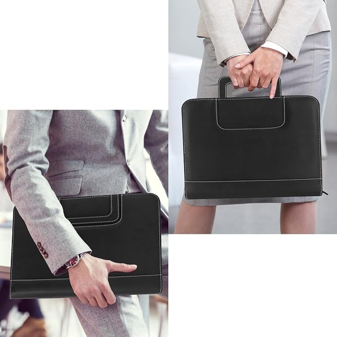 GraduatePro 3 Ring Portfolio Binder with Handles - 1.2 Inch Rings, Faux Leather Padfolio with Zippered, Storage Pouch for Tablet, Mobile Phone Pocket, Travel Documents for Men and Women(Black)