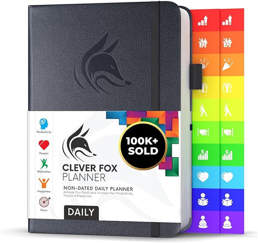 Clever Fox Daily Planner – Undated Planning Notebook with Hourly Schedule & To-Do List – Personal Day Task & Work Organizer, 6 Months (Silver Black)