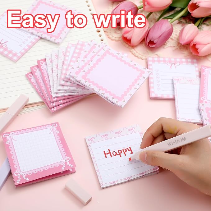 Thenshop 24 Pad/720 Sheets Coquette Bow Sticky Notes 3 x 3 Inch Cute Bow Sticky Note Pads Coquette Stuff Ribbon Notebook Memo Pads School Supplies for Women Party Favors(Pink)