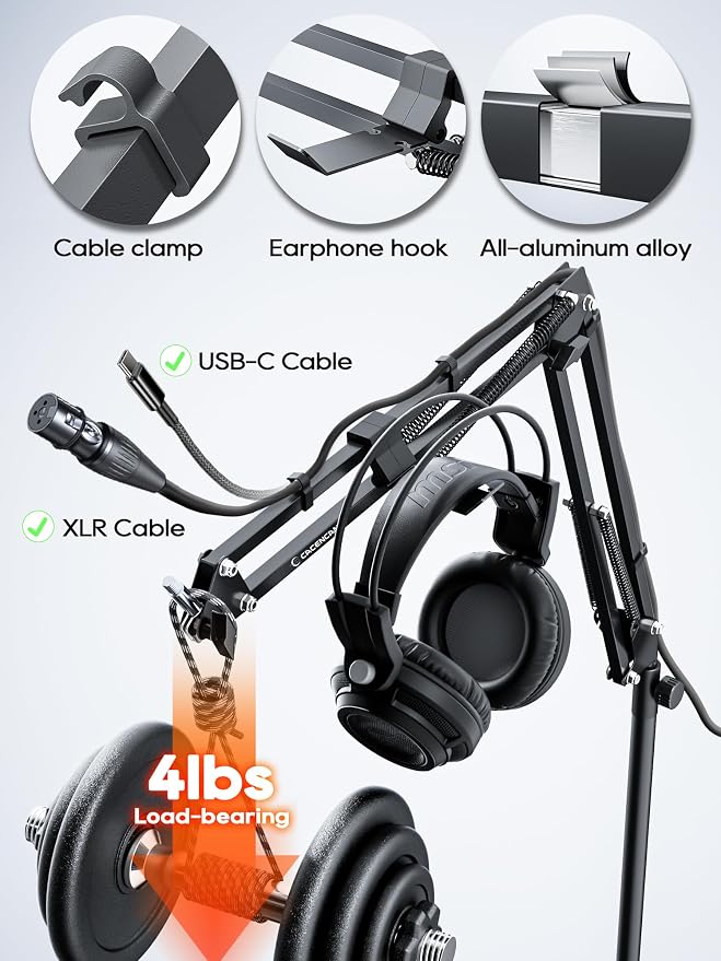 CACENCAN Boom Arm, 360° Rotatable Microphone Stand with Desk Mount, Foldable Desk Mic Arm with 3/8'' to 5/8'' Screw Adapter, Microphone Arm for Live Streaming, Gaming, Podcasting