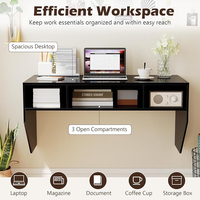 GOFLAME Wall-Mounted Computer Desk, Floating Study Table with Spacious Tabletop and 3 Open Compartments, Home Office Working Desk, PC Laptop Workstation, Vanity Table for Makeup Room (Black)