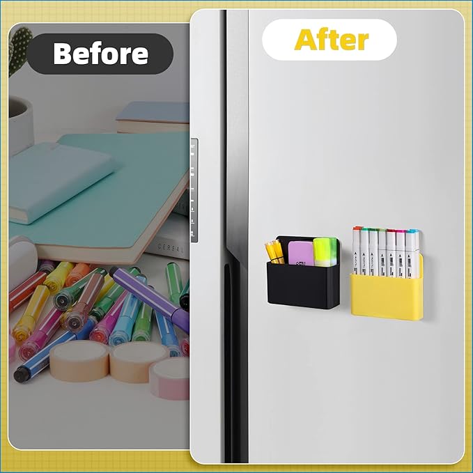 Mabrasse 2p Magnetic Dry Erase Marker Holder,Pen and Eraser Holder for Whiteboard, Magnet Pencil Cup Utility Storage Organizer for Office, Refrigerator, Locker and Metal Cabinets (Yellow)