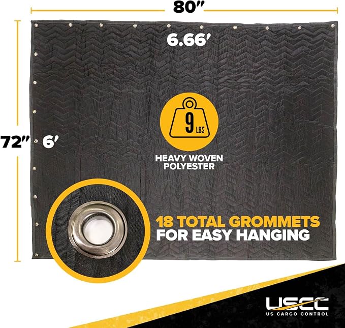 US Cargo Control 80" x 72" Large Sound Dampening Blanket with Grommets (4-Pack), Light Blocking Acoustic Blanket for Wall Hanging and Studios, Machine Washable, 9 LBS