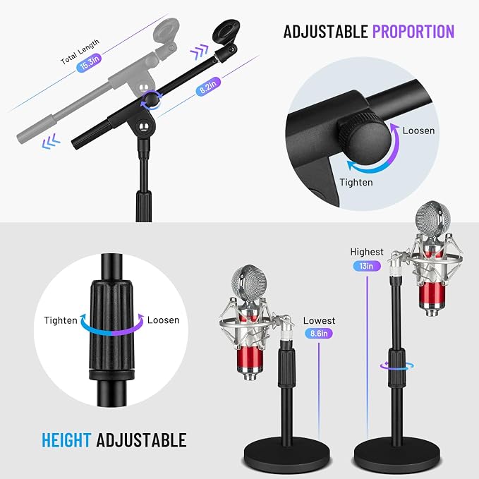 CAHAYA Microphone Stand Desk Adjustable: Boom Arm Mic Stand Desktop with 2 Mic Clips Reinforced Metal Base Table Mic Mount with 3/8" to 5/8" Screw Adapter for Singing Performance Wedding Stage Black