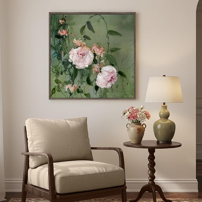Framed Vintage Floral Square Wall Art, Pink and Green Retro Botanical Watercolor Flower Canvas Painting Prints, French Country Cottage Core Elegant Peony Artwork for Bedroom Living Room Office, 24x24