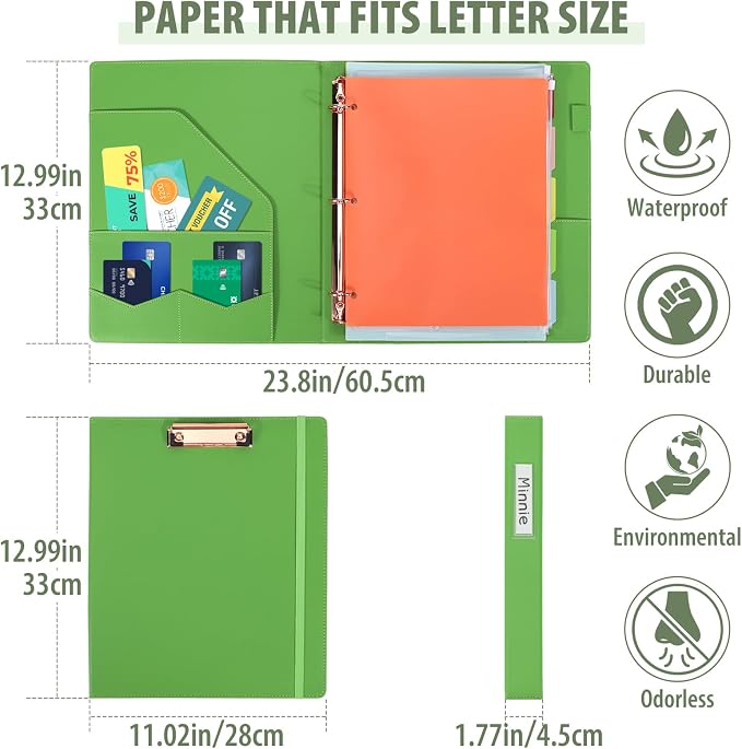 Leather Binder Portfolio with Clipboard 1 Inch, 13" × 11" PU Clipboard Binder with Notepad, 5 Dividers with Pockets, Removable Folder,Labels,Great for School Office(Fit Letter Sized Paper)