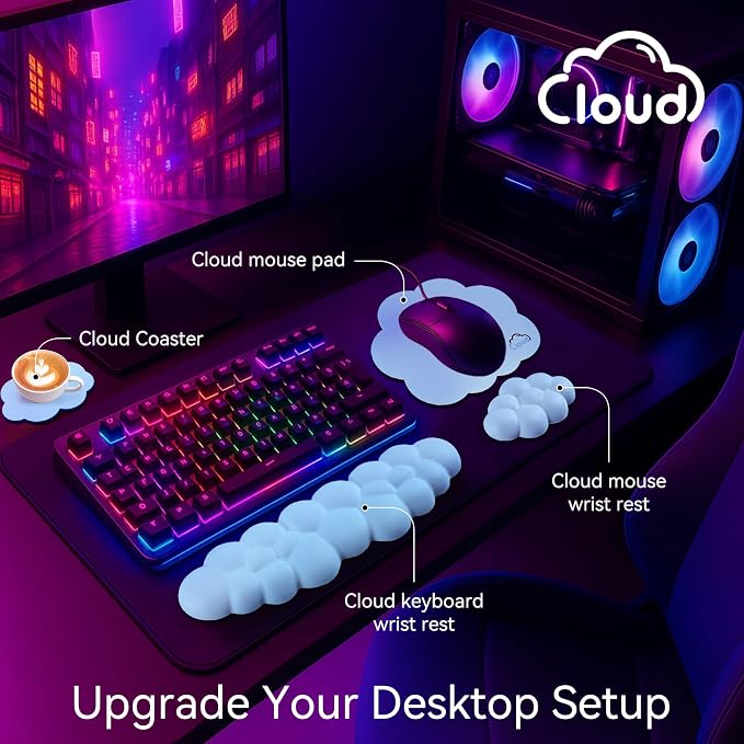 Sushret Cloud Wrist Rest for Computer Keyboard, 4-in-1 Memory Foam Leather Cloud Keyboard Wrist Rest and Mouse Pad Set with Ergonomic Support for Arm and Palm Cushion, Gaming/Work Setup, Blue