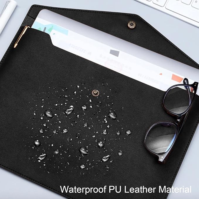 VANRA 1 Piece PU Leather File Folders A4 Document Holder File Envelope Waterproof Portfolio Filing File Organizer for Letter Size with Snap Button Closure, Black