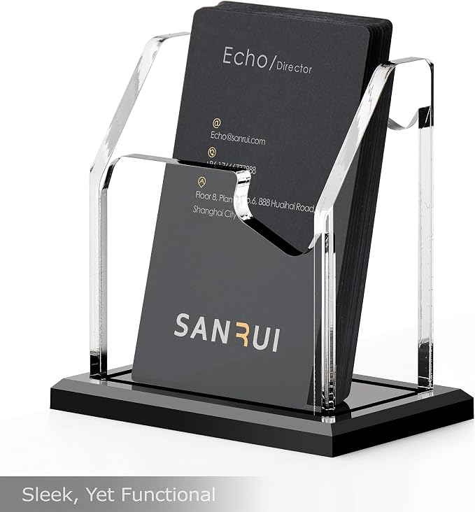 SANRUI Vertical Business Card Holder for Desk, 1-Slot Black Base | Holds 60 cards, professional desktop display stand for office reception & trade shows, ideal for gift card name card