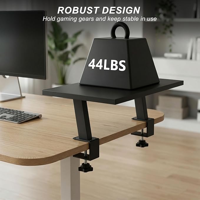 15-Inch Desktop Clamp-on Shelf & Monitor Riser, 2-in-1 Reversible Design – Fits Either Side of Desk, C-Clamp for Stability, Holds 44 lbs, for Gaming PC, Console & Office Setup
