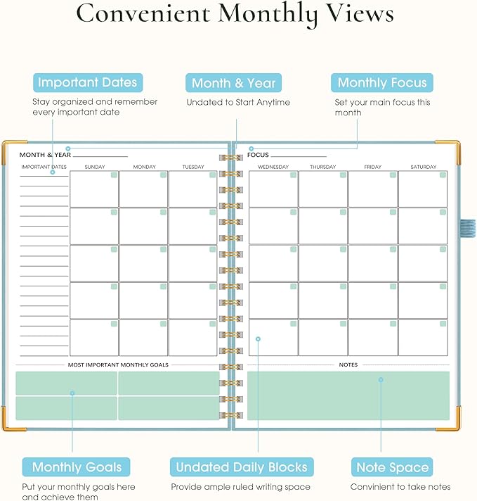 Undated Weekly Planner, Hardcover Leather Weekly & Monthly Calendar Blank Planner, To Do List Notebook with Goal & Habit Tracker Organizer, A5 Daily Planner with Spiral Binding, Ideal for Work School Home, Blue