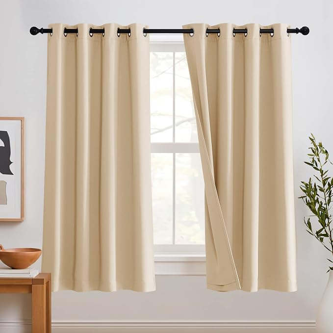 RYB HOME Soundproof Curtains for Bedroom - Light Block Noise Reducing Curains 3 Layers Inside Detachable Felt Liner Acoustic Drapes for Living Room, W 52 x L 63, Biscotti Beige, 1 Pair