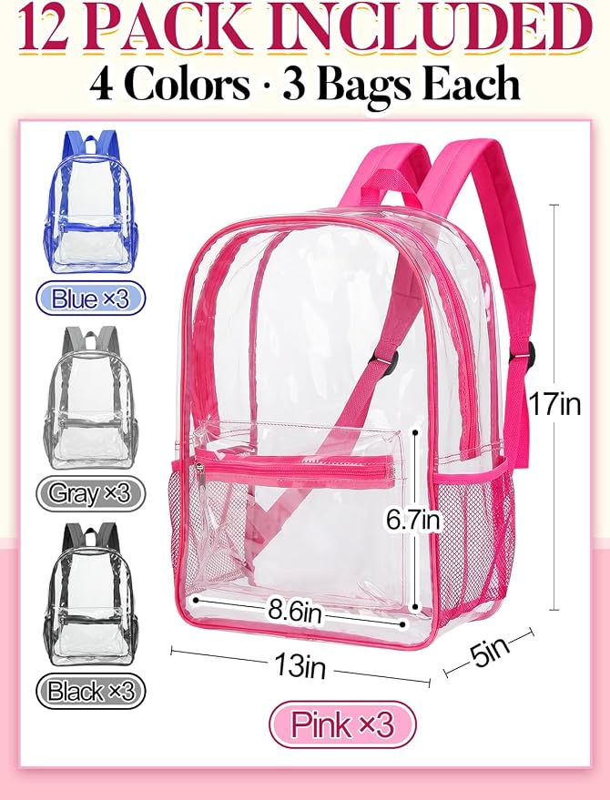 MADHOLLY 12 Pack Bulk Clear Backpack for School - 17" Large Transparent Bookbag for Kids/Girls/Boys/Charity/Stadium/Back to School Supplies, with Front and Side Bottle Pockets