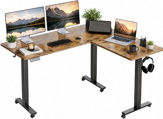 Claiks L Shaped Standing Desk Dual Motor 63 x 55 Inch Rustic Brown | Height 28.5-47.2 Inch, 220 Lbs Capacity, Splice Board, Sturdy Steel Frame, Home Office Corner Desk