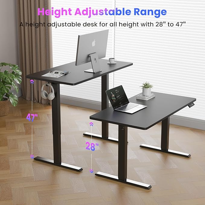 WALKINGDESK 55x24 Inches Height Adjustable Electric Standing Desk with 2 Hooks for Home Office, Ergonomic Sit Stand up Desk with Splice Board, Black