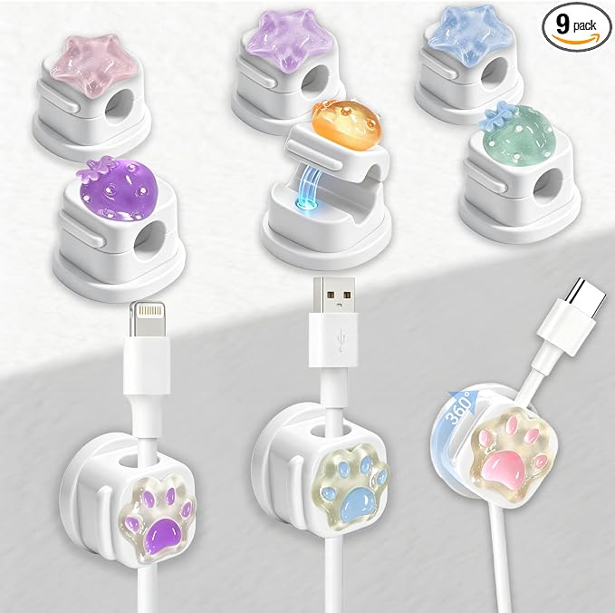 9Pack Magnetic Cable Clips,Night-Glowing Cord Holder,White | Cute Rotating Charger Holder,Strong Adhesive Cable Management, For Nightstand Office Car Home Desk Wall,Strawberry Star Cat