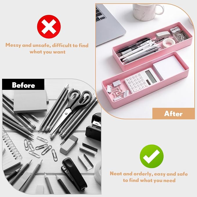 Teling 2 Pcs Pink Large Rectangular Desk Organizer Set, Half Accessory Tray, Plastic Tabletop Organizer for Office, Home, or Study, Dimensions: 9.45 x 2.95 x 1.38 Inches