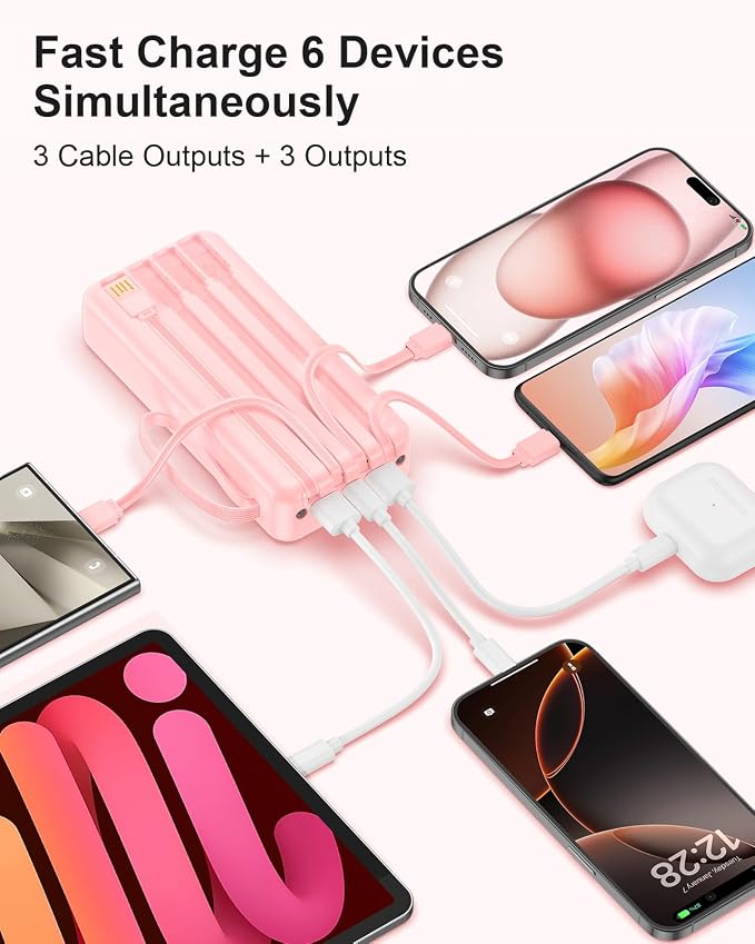 Portable Charger with Built-in Cables, 27000mAh Slim 30W Fast Charging Power Bank with LED Display, USB C Battery Pack 6 Outputs & 2 Inputs, Travel Essential Charger for iPhone, Samsung, Google etc