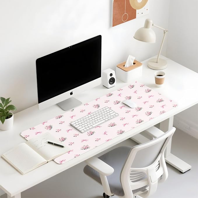 Mouse Pad Leather Desk Mat Large Keyboard Cute Office Desktop Computer Laptop XXL Long Big Aesthetic Modern Design Women Girls Gaming Gamer Oversized Wide Mousepad 31.5"x15.7", Bow Rose