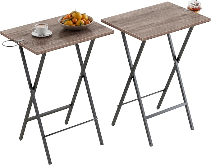 VECELO Folding TV Tray for Eating Set of 2, Portable Dinner/Snack Table with Cup Holder for Couch, Living Room and Small Space, Coffee & Black
