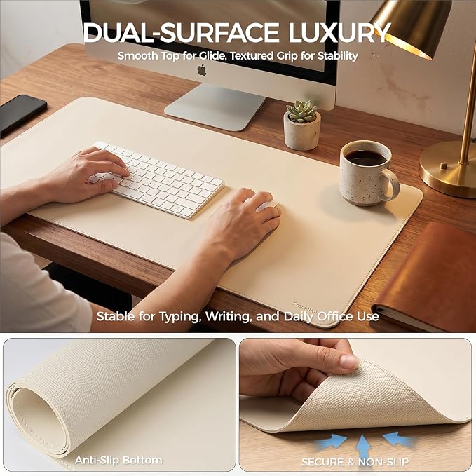 Large Desk Pad Non-Slip Desk Mat Protector for Keyboard Mouse Waterproof Vegan Leather Surface Faux Leather Laptop Mat Smooth Mouse Pad Premium Gift Tube Creamy White 55" x 23"