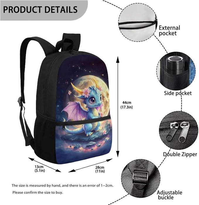 WELLFLYHOM Moon Dragon Elementary School Backpack for Girls, Cute 4PCS Set Backpack with Lunch Box for Kids 6-11, 17 Inch Bookbag with Adjustable Strap for All Day School