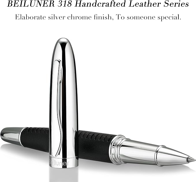 BEILUNER 318 Luxury Leather Pen, Hand-Stitched Premium Leather, Chrome-Plated Finish, Smooth Black Ink Refill, Best Rollerball Pen Gift for Men & Women, Refillable, Executive Writing, Nice Pens