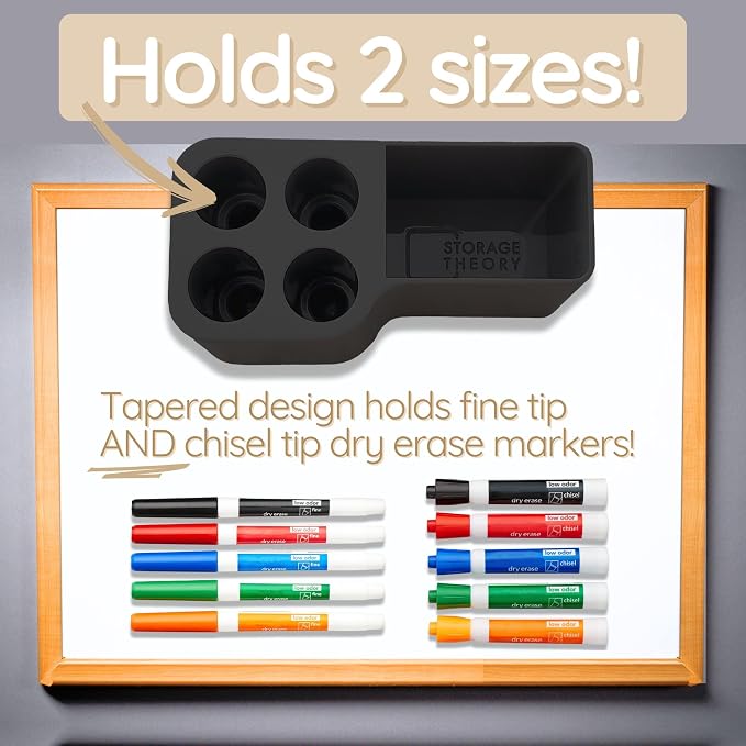 Whiteboard Marker Holder Magnetic - Dry Erase Marker Organizer with Adhesive Mount - Office Supplies Organizer for Classroom, School, Fridge - Made in USA, Black 2 Pack
