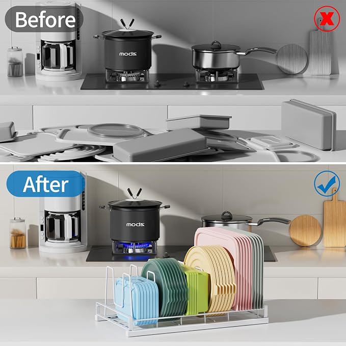 Food Container Lid Organizer Rack with Adjustable 6 Dividers, White | Full-Metal Pot and Pan Organizer Holder for Home Kitchen Cabinets, Drawers, Countertop, Cupboards, Pantry Shelves Storage