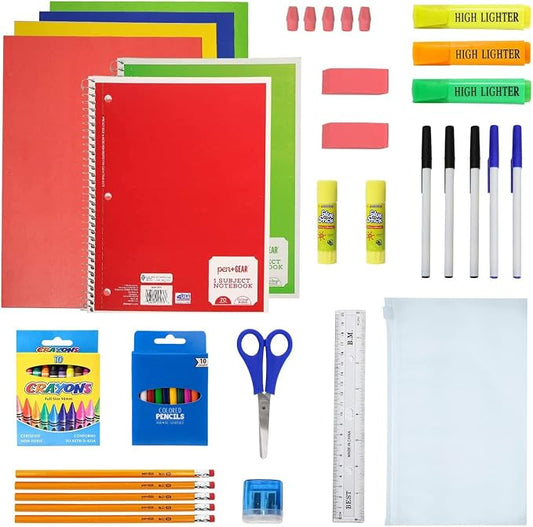 Moda West 52 Piece Bulk School Supplies Kits - Pens, Pencils, Crayons, and More - Value Pack of 12 Kits - Essential Box of School Supplies for Elementary, Middle, and High School Students