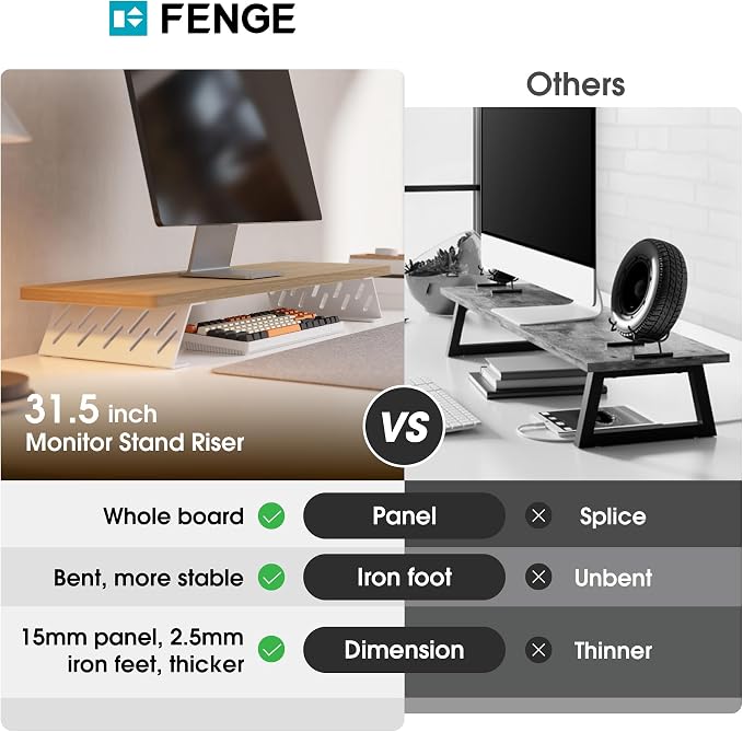 Fenge Monitor Stand Riser, 31.5 Inch Desk Top Shelf for 2 Monitors, Computer Stands for Desk, Wood & Steel Desktop Riser for Laptop, PC, Printer