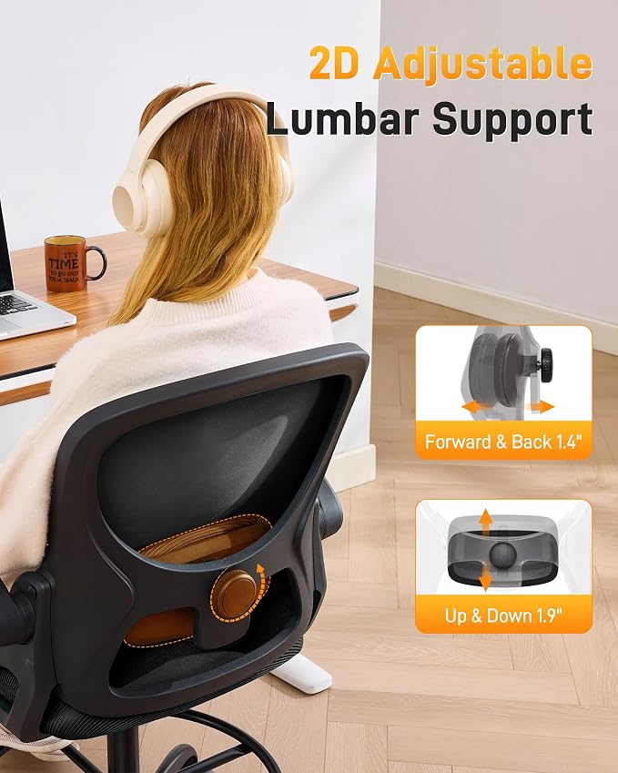 LukkDys Drafting Chair with Arms, Tall Office Chair for Standing Desks | Ergonomic lumbar pad, breathable mesh and foot ring support forward-leaning posture for sewing, crafts and daily studio work.