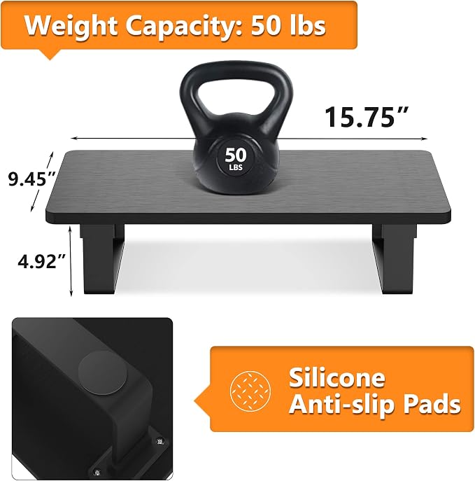 Monitor Stand Riser with 50 LB Capacity, Stable Wood Computer Monitor Stand for Desk Organizers, Computer Riser Monitor Shelf for PC Laptop Notebook Printer Computer iMac, 1-Step Installation, Black