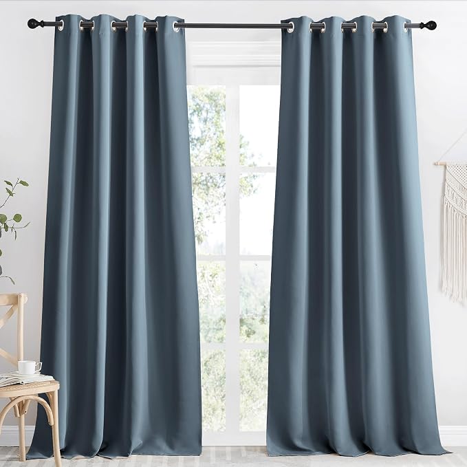 NICETOWN Kitchen Blackout Window Curtain Panel, Smoky Blue, 1 Panel, 55 by 96 inches Long, Home Fashion Thermal Insulated Solid Grommet Room Darkening Drape for Apartment