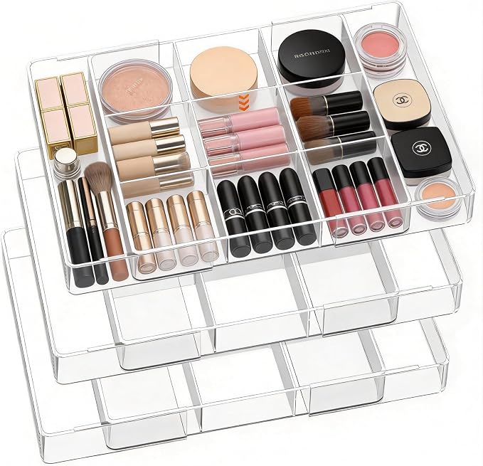 Acrylic Expandable Desk Drawer Organizer with 11 Adjustable Compartments | and 6 Removable Dividers Desk Accessories for Office Kitchen Bathroom Makeup and Utensil Junk Storage (Clear, 3Pcs)