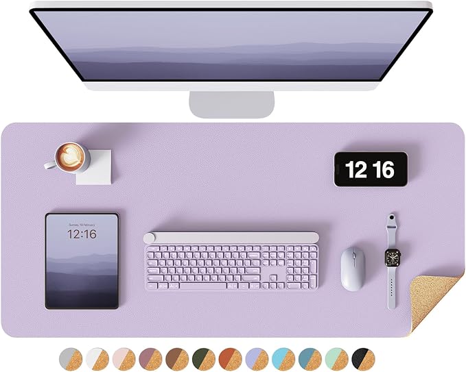 YSAGi Double-Sided Desk Pad, 35.4"x17"Leather Desk Mat, Eco Cork Desk Pad Protector,Large Mouse Pad,Waterproof Desk Blotter for Office/Home(Light Purple)