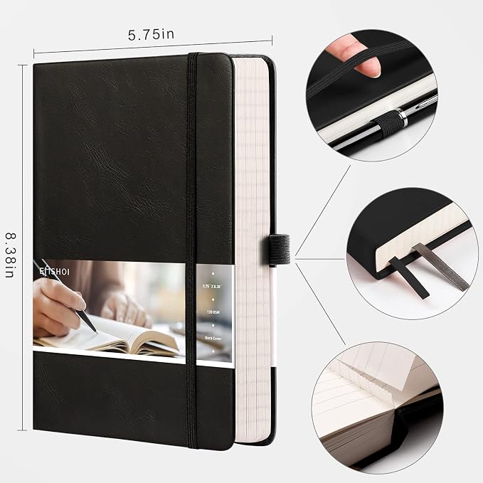 EMSHOI A5 College Ruled Notebook, 256 Numbered Pages 120GSM Ink-Proof Faux Leather Hardcover Lay-Flat Lined Journal for Work Office School Travel Writing, Small 5.75" x 8.38", Black