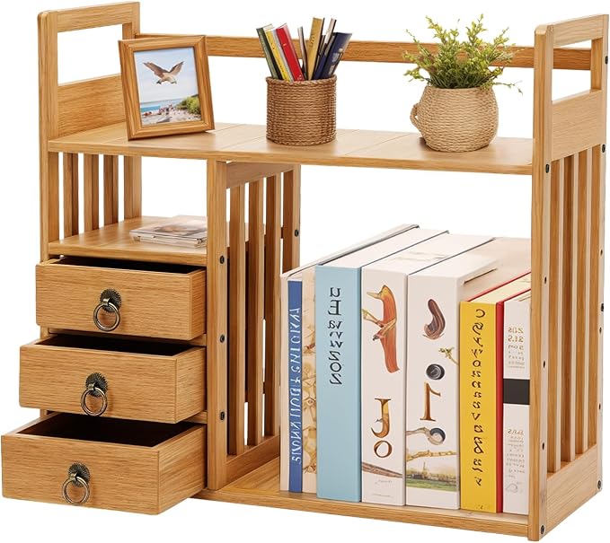 Bamboo Desktop Bookshelf, Desk Organizer Display Shelf with 3 Drawers, Counter Top Bookcase Wood Tone Display Shelf Rack Multipurpose Bookshelf for Home Office