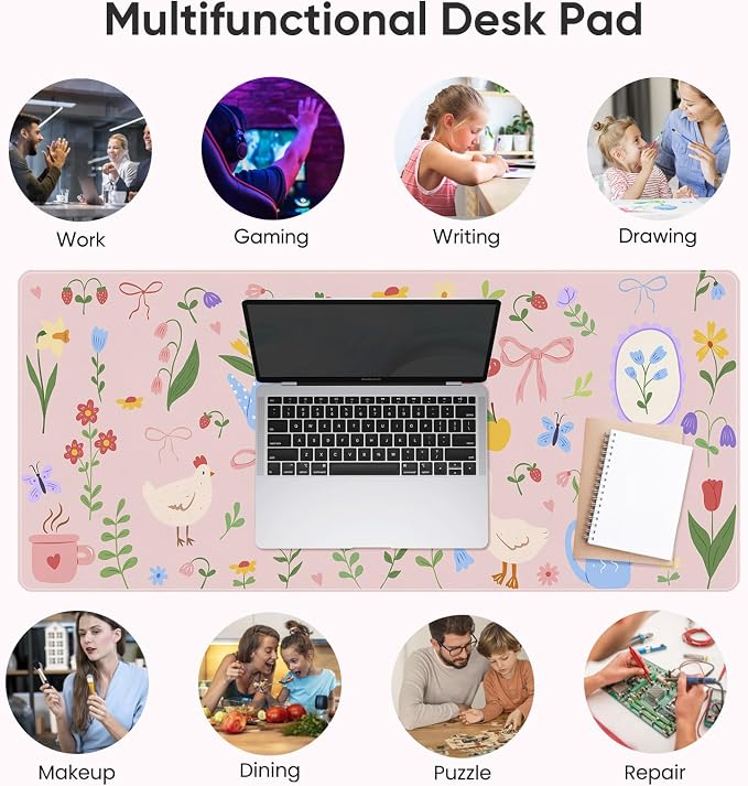 Desk Mat, Leather Desk Pad Blotter Protector, XXL Large Mouse Pad,Computer Laptop Mouse Pads for Desktop,Waterproof Writing Anti-Slip Mousepad for Office and Home I Pink Animals & Flowers