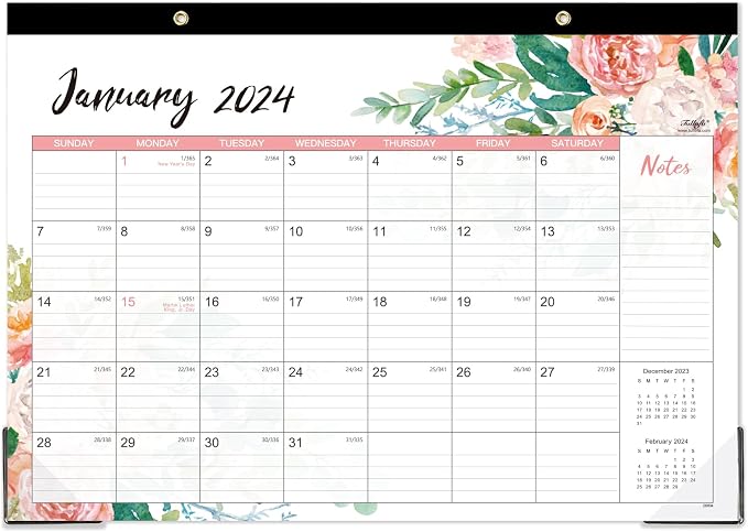 2024 Desk Calendar - Desk Calendar 2024,12 Monthly Desk/Wall Calendar 2-in-1, 16.8" x 12", January 2024 - December 2024, Thick Paper with Corner Protectors, Large Ruled Blocks - Blue Floral