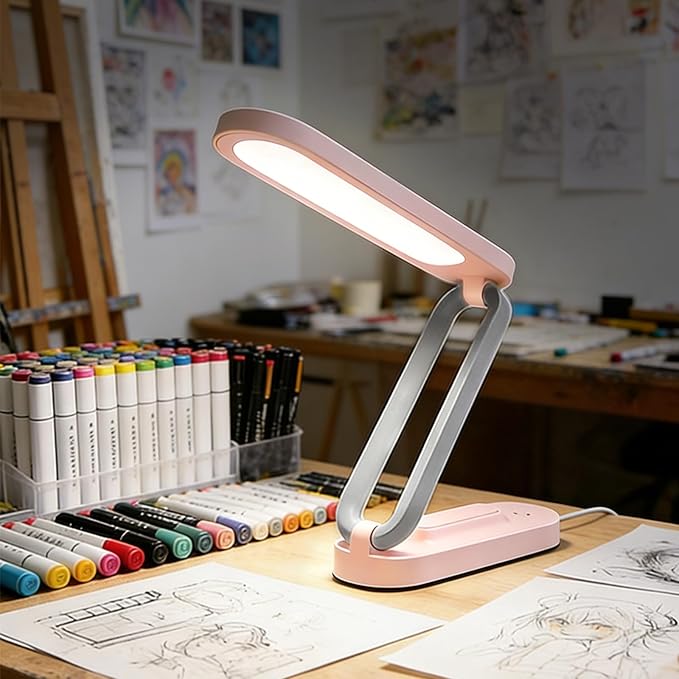 Rechargeable LED Desk Lamp, Foldable Portable Table Light with 3 Brightness Levels,Type-C USB Charging,Small Desk Lamp,Portable Bedside Wireless Reading Light,Home, Office, Nail Art,Craft,Pink