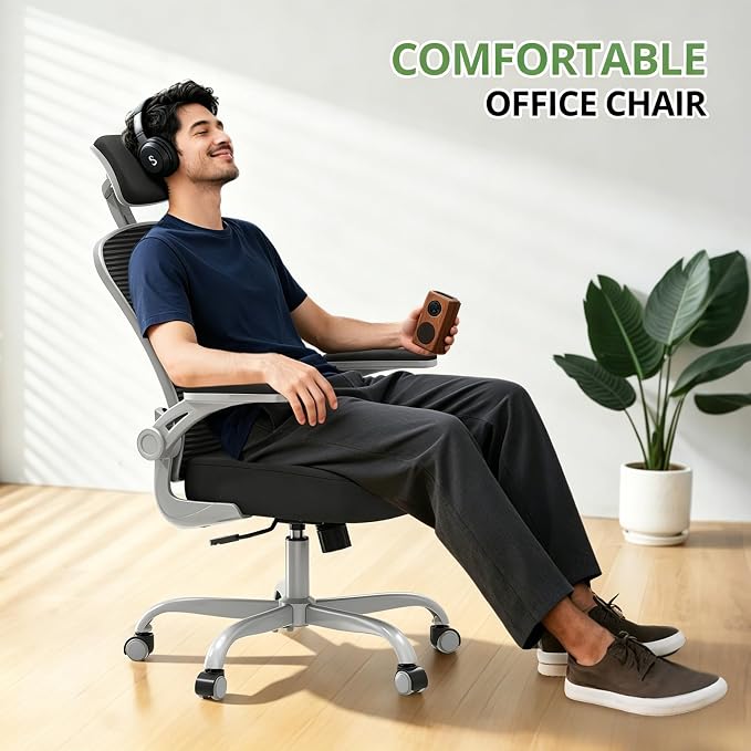 Office Chair Ergonomic Desk Chair, 330LBS Capacity, High Back Computer Chair for Long Hours Comfortable, Rolling Swivel Executive Task Chair for Home Office with Flip-up Armrests, Grey Black