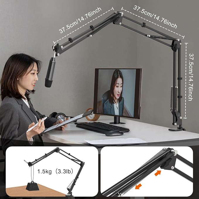 Microphone Boom Arm, Professional Desk Mic Stand with 1/4", 3/8", 5/8" Adapters, Heavy-Duty Clamp, Wide Compatibility for Yeti, AT2020, Podcasting, Streaming & Recording