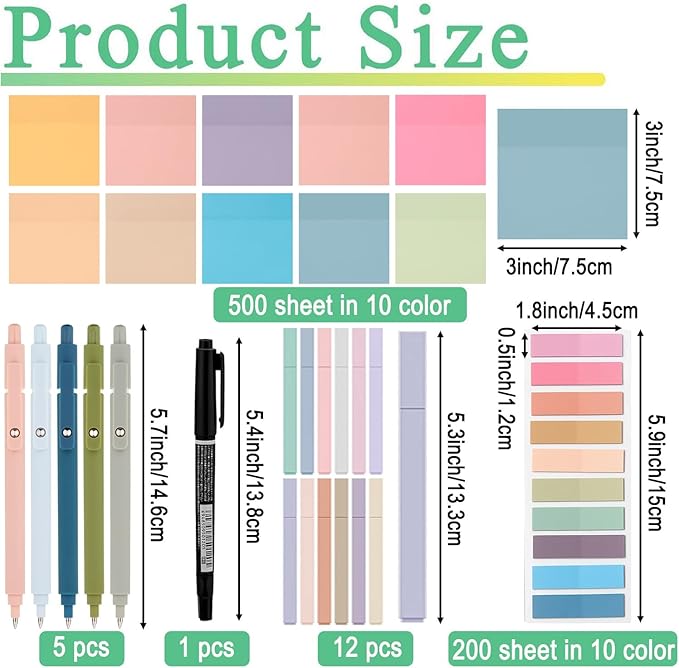 38 PCS Annotation Set with Aesthetic Highlighters, Gel Pens, Sticky Notes & Tabs, Dual Tip, Fast Dry Ink Pens for Book Marking and Office Use