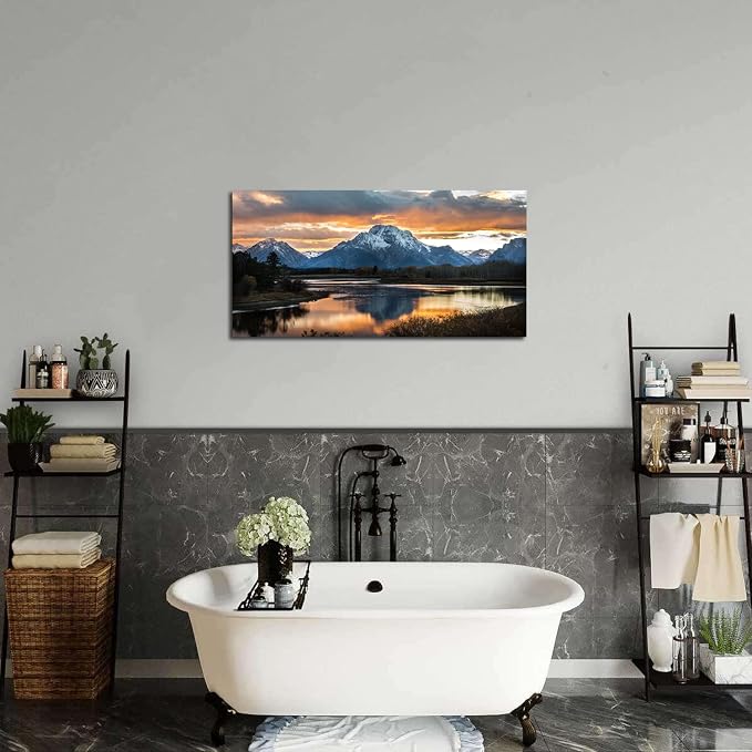 Grand Teton Mountain Wall Art National Park Posters Sunset Oxbow Bend Scenery Wall Picture Snake River Landscape Wall Art Nature Wyoming Painting Artwork for Living Room Bedroom Home Decoration 24x48"