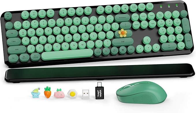 Wireless Keyboard and Mouse Combo-Round Keycaps, Full-Size Retro Typewriter Keyboard with Detachable Wrist Rest, Sleep Mode & Tilt Legs, 2.4GHz Cordless Connection for Mac/Windows/PC (Black & Green)