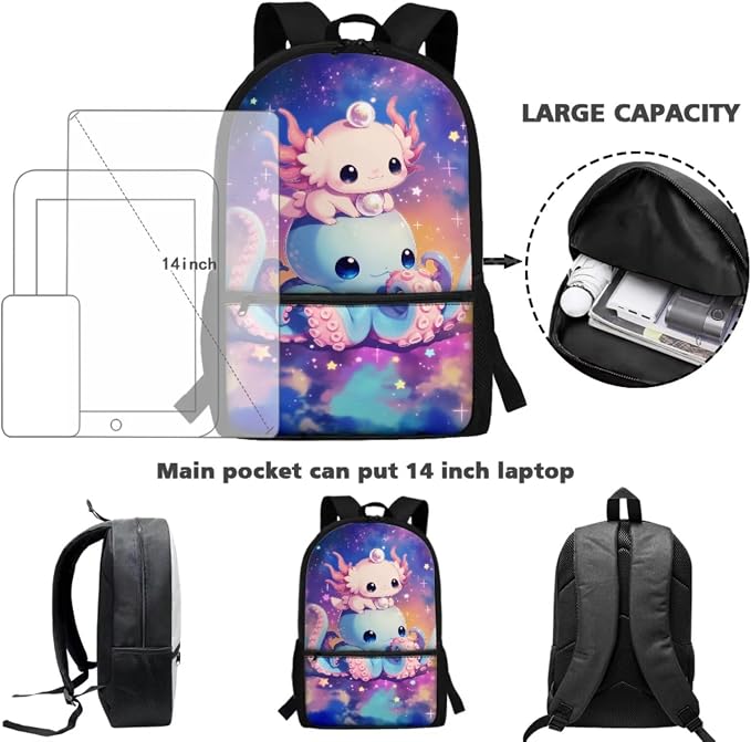 WELLFLYHOM 4 PCS Axolotl School Backpack Set for Girl 6-11, Cute 17 Inch Octopus Backpack with Lunch Box for Kids Back to School, Child Supplies for All Day Use
