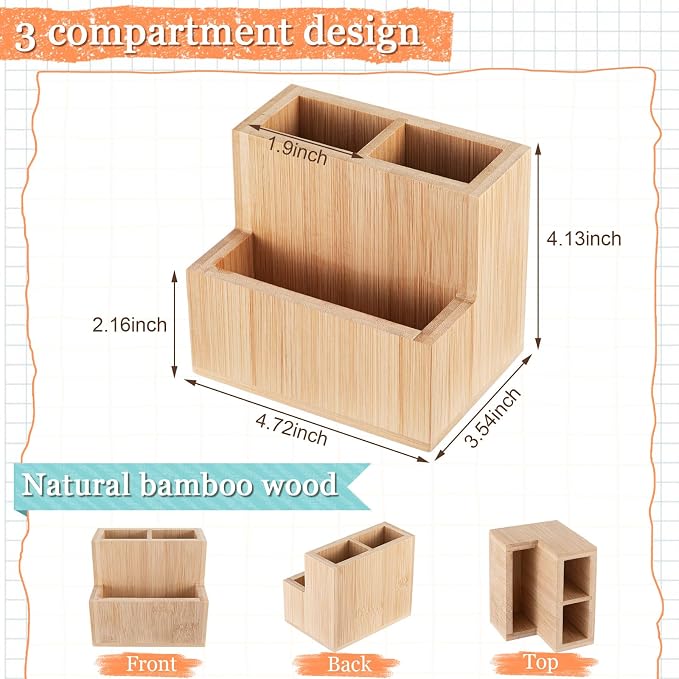 Maitys Bamboo Wood Pen Holder for Desk Wooden Pencil Remote Control Organizer with 3 Compartments Small Desk Accessories for Workspace Home Office Classroom Bathroom