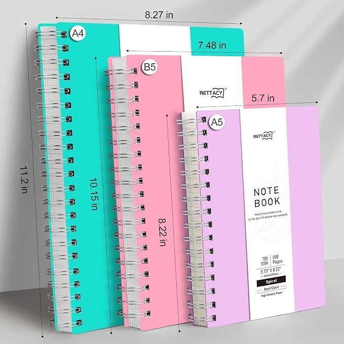 RETTACY Dotted Journal Notebook, 300 Pages, A5 Medium Size (5.7'' × 8.2''), 100 GSM Thick Paper, Flexible Plastic Cover, Spiral-bound, for Journaling, Planning, Tracking (Lilac)