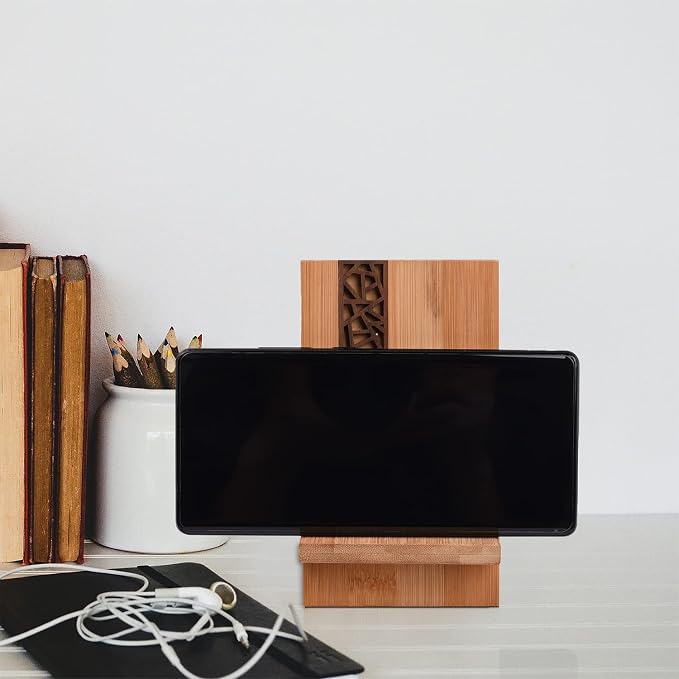 Mobile Stand Japanese Style Cellphone Holder Desktop Organizer Charging Station Compatible with All Smartphones Tablets Natural Bamboo Wood Portable Adjustable Angle (Pattern-NO Hole)